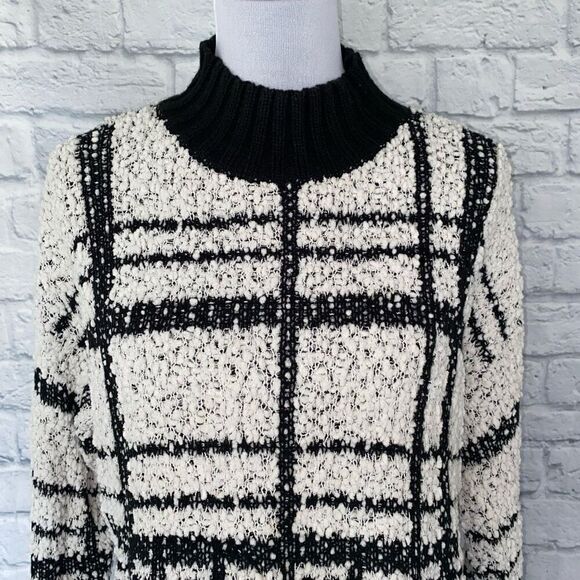 Solitaire women L scoopneck Longsleeve plaid pattern popcorn sweater B&W - Picture 3 of 9